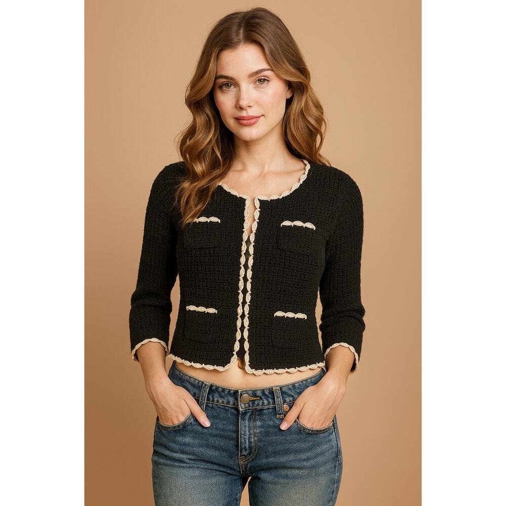 Vintage Y2K Crochet Cropped‎ Cardigan Sweater M Old Money Preppy Office Siren